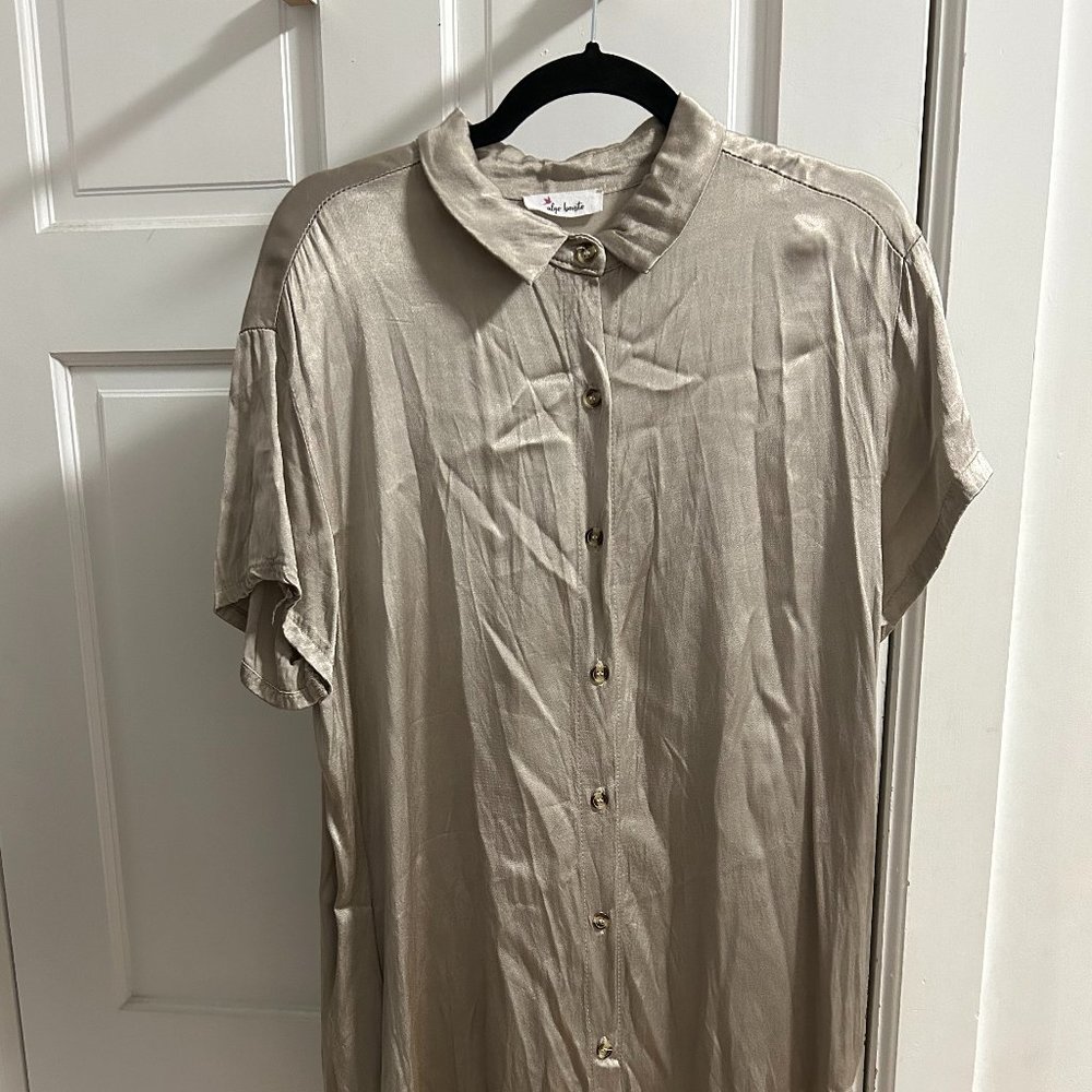 Silky Beige Short Sleeve Shirt Dress Tunic Button Down